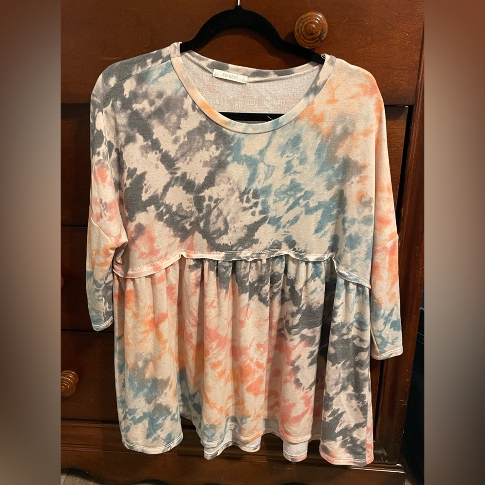 Veverley L soft French terry babydoll tie dye knit top 3/4 sleeve flowy